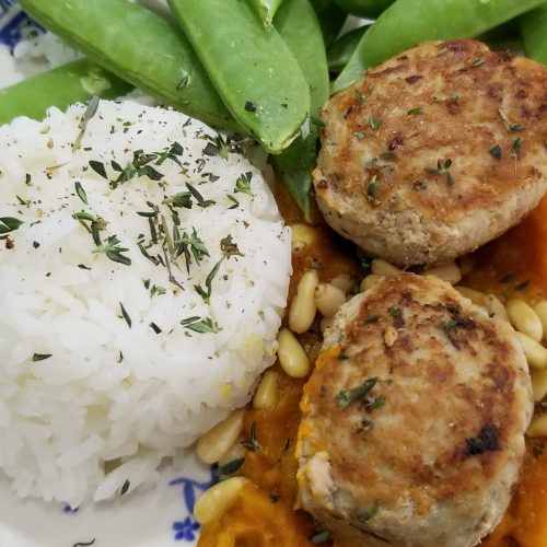 Thyme turkey meatballs with maple butternut squash puree and jasmine rice