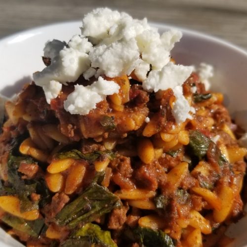 Beef and Orzo Skillet (Manestra) with spinach tomatoes and feta cheese