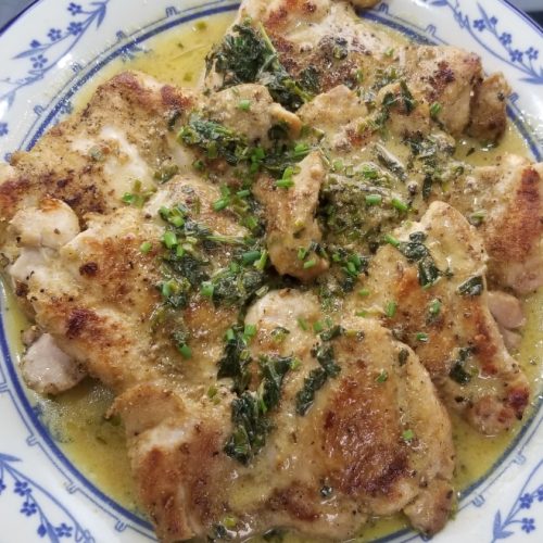 Chicken thighs with tarragon, chives, creme fraiche, and lemon juice