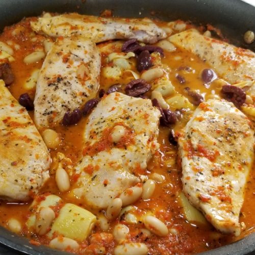 chicken breasts in a blended roasted red pepper sauce with artichokes kalamata olives and coconut milk