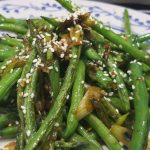 French Green Beans with liquid aminos rice wine vinegar garlic chili sauce and sesame seeds