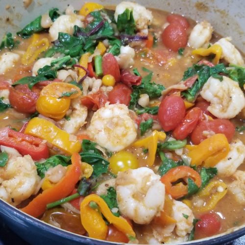 Shrimp and cannellini beans with bell peppers, cherry tomotoes, shallots, garlic, fresh basil