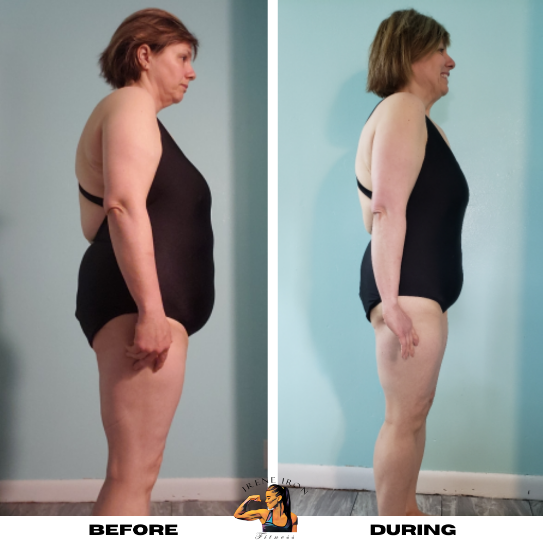 Side by side view of woman before and during strength training