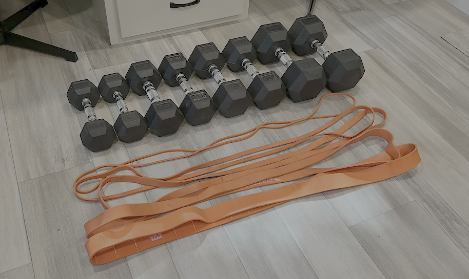 Fixed dumbbells next to loop bands
